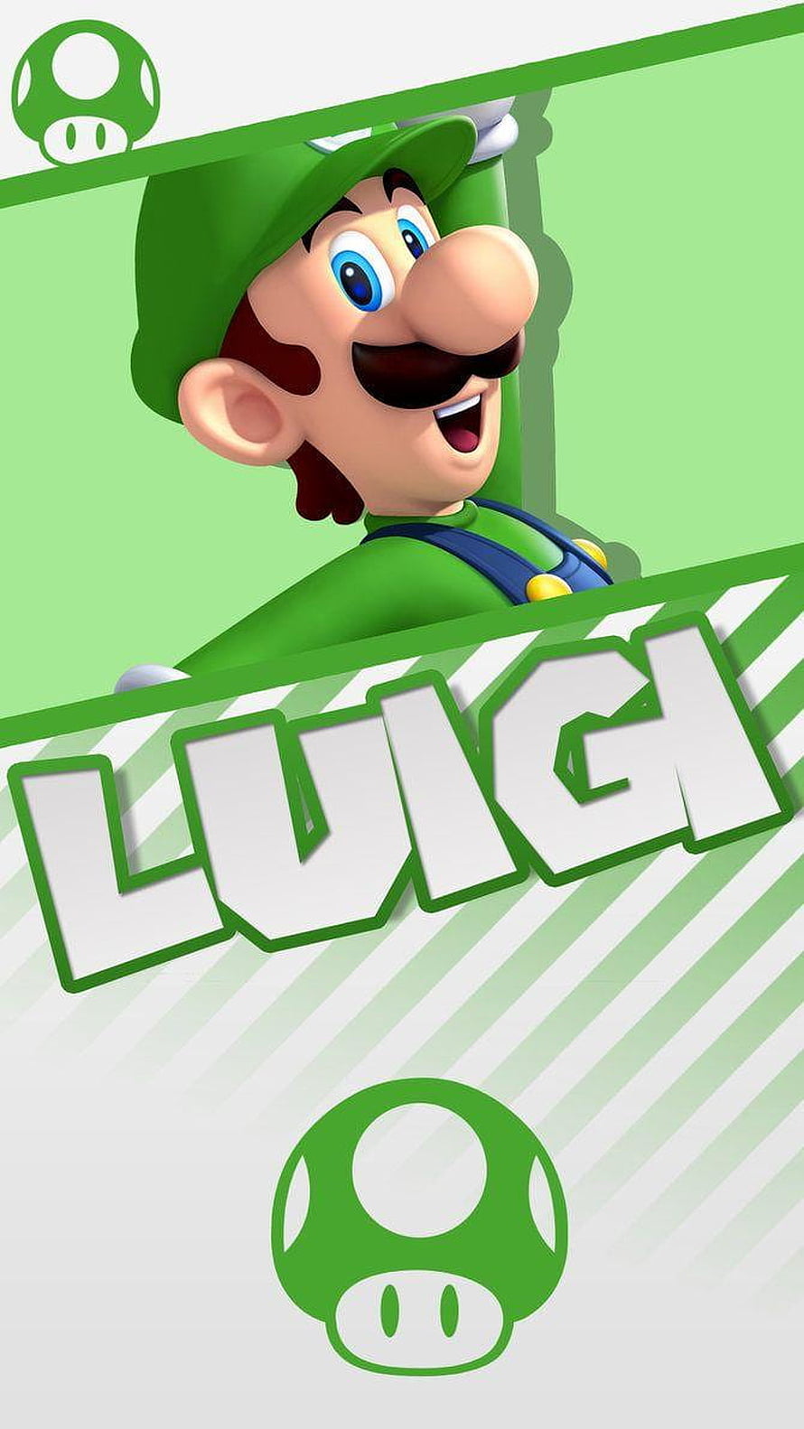 Luigi from Super Mario Bros in a 3D green-themed portrait with mushroom icons and bold typography HD phone wallpaper