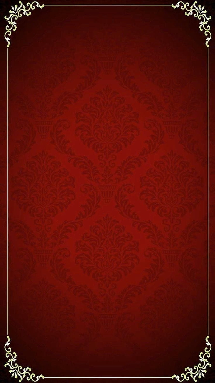 Deep Red Damask Pattern with Ornate Gold Corner Flourishes and Elegant Border HD phone wallpaper