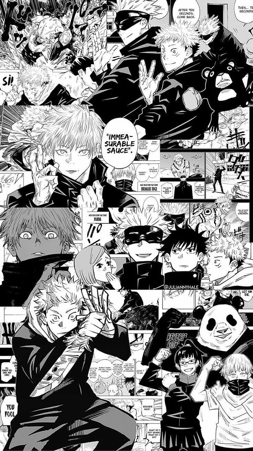 Jujutsu Kaisen Manga Panel Collage Featuring Gojo Satoru and Panda HD phone wallpaper