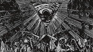 Black and White Woodcut Illustration of All-Seeing Eye Triangle and Angelic Figures HD wallpaper