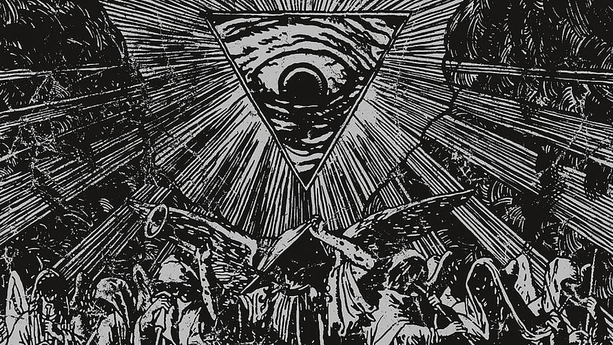 Black and White Woodcut Illustration of All-Seeing Eye Triangle and Angelic Figures HD wallpaper