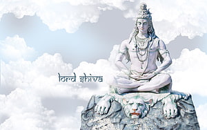Lord Shiva Meditating on a Rock with Lion in a Serene Cloudy Sky HD wallpaper