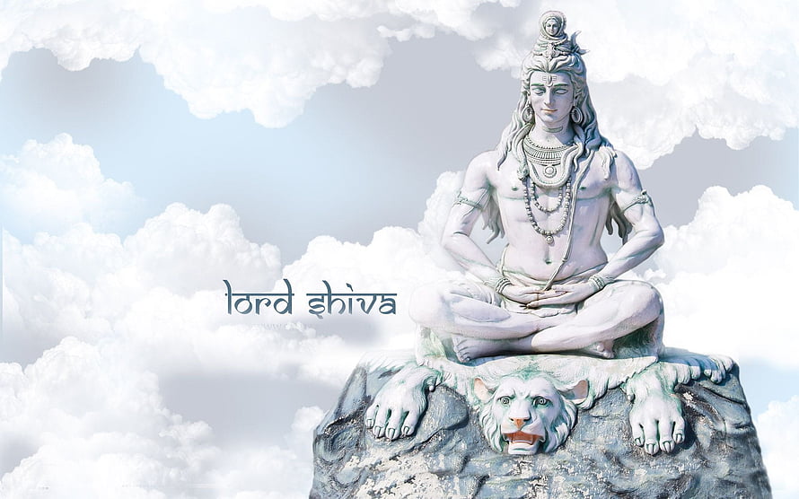 Lord Shiva Meditating on a Rock with Lion in a Serene Cloudy Sky HD wallpaper