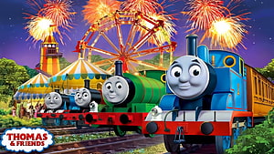Thomas and Friends Cartoon Locomotives at a Nighttime Carnival with Fireworks and Ferris Wheel HD wallpaper