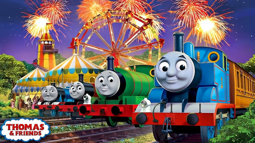 Thomas and Friends Cartoon Locomotives at a Nighttime Carnival with Fireworks and Ferris Wheel HD wallpaper