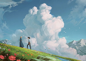 Howl's Moving Castle Fantasy Landscape with Two Characters on a Flowering Hill HD wallpaper