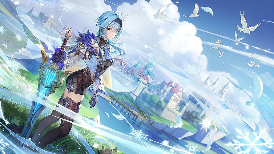 Eula from Genshin Impact wielding a glowing sword in a bright fantasy landscape with snowflakes and birds HD wallpaper
