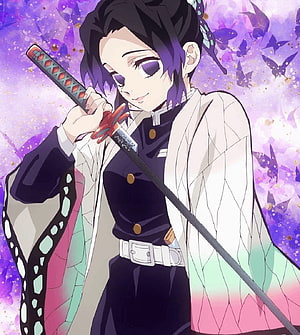 Shinobu Kocho from Demon Slayer Holding Katana Against Purple Butterfly Background HD phone wallpaper