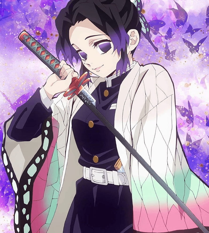 Shinobu Kocho from Demon Slayer Holding Katana Against Purple Butterfly Background HD phone wallpaper