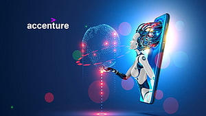 Accenture AI Robot Emerging From Smartphone With Digital Human Interface HD wallpaper