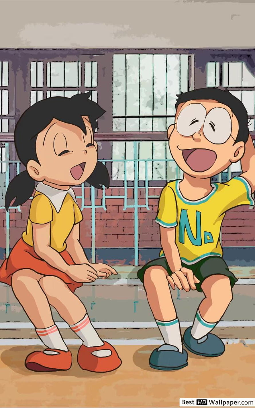 Nobita Nobi and Shizuka Minamoto Laughing Together in Classic Doraemon Anime Style HD phone wallpaper