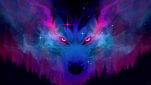 Neon Cosmic Wolf Spirit Emerging From Nebula Clouds Over Dark Forest HD wallpaper