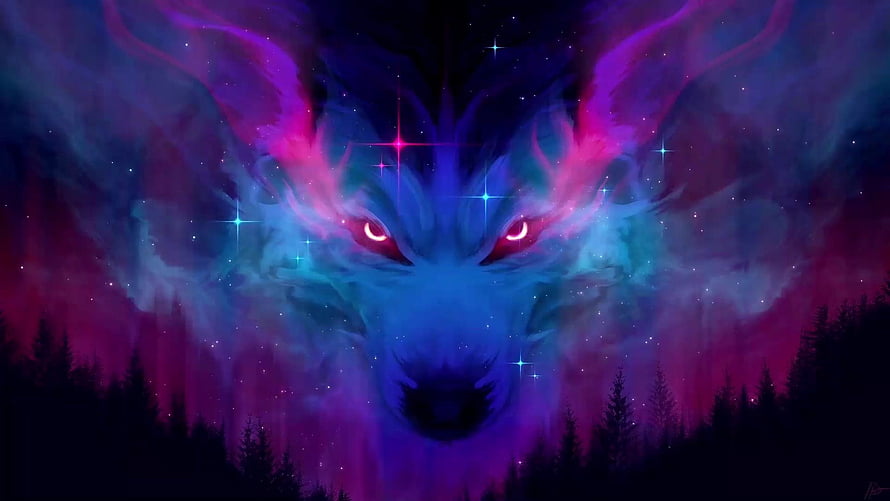 Neon Cosmic Wolf Spirit Emerging From Nebula Clouds Over Dark Forest HD wallpaper