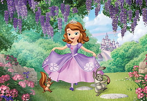 Sofia the First in a Purple Dress Dancing with Kiko and Clover Under Wisteria Blossoms HD wallpaper
