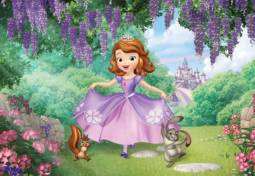 Sofia the First in a Purple Dress Dancing with Kiko and Clover Under Wisteria Blossoms HD wallpaper