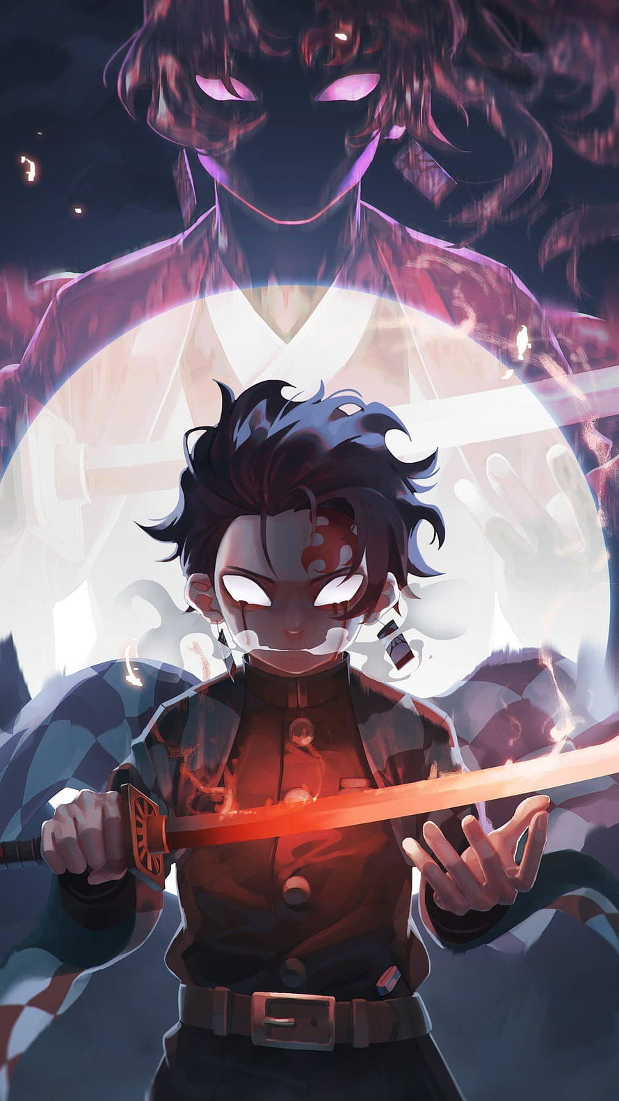 Demon Slayer Anime Character with Glowing Eyes and Katana in Dark Fantasy Style HD phone wallpaper