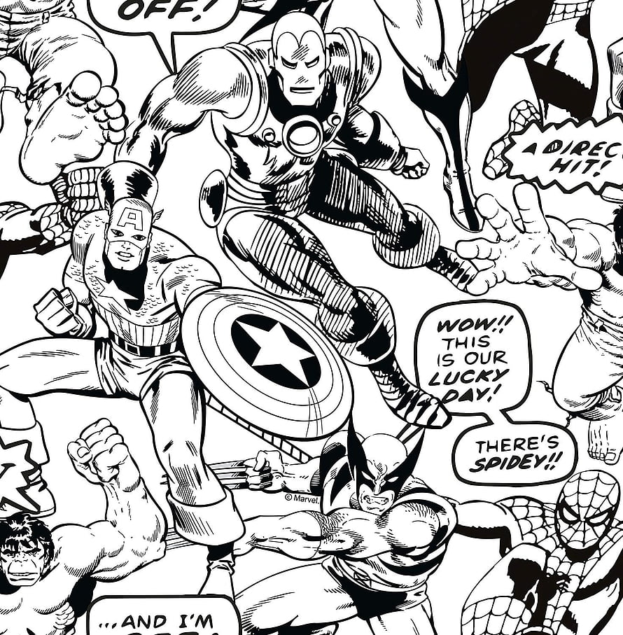 Black and White Marvel Avengers Comic Panel Featuring Captain America, Iron Man, and Spider-Man HD phone wallpaper