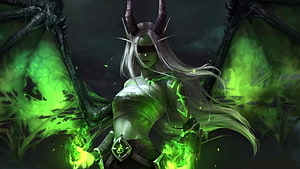 Blindfolded Female Demon Hunter with Green Energy Wings from World of Warcraft HD wallpaper