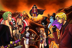 One Piece Straw Hat Crew Assembled on Onigashima with Fiery Sky HD wallpaper
