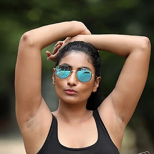 Woman in black tank top and aviator sunglasses with arms raised outdoors, Indians girls desi hairy ARMPITS and Underarms, indian women armpit HD phone wallpaper