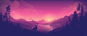 Stylized Purple Mountain Landscape with Deer Silhouette at Sunset HD wallpaper