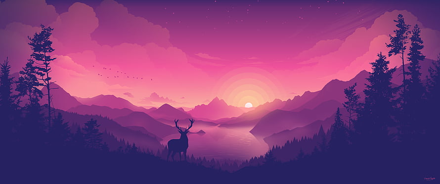 Stylized Purple Mountain Landscape with Deer Silhouette at Sunset HD wallpaper