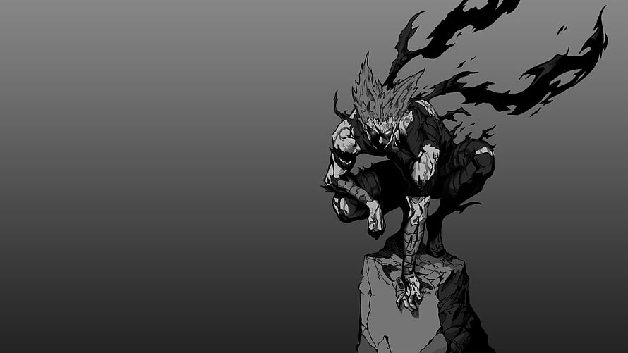 Garou from One Punch Man in a dynamic crouching pose with dark energy tendrils HD wallpaper