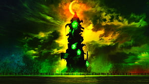 Tartarus Tower in Persona 3 Movie with Glowing Green Orbs and Fiery Sky HD wallpaper