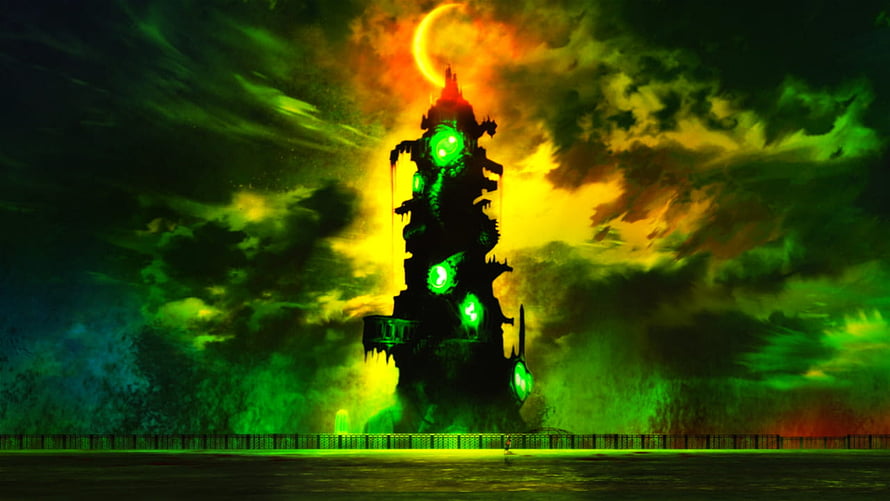 Tartarus Tower in Persona 3 Movie with Glowing Green Orbs and Fiery Sky HD wallpaper