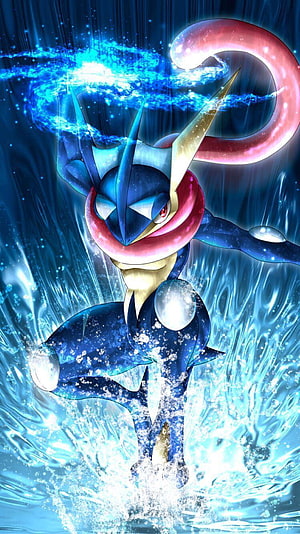 Greninja channeling water energy in a dynamic anime-style battle scene HD phone wallpaper
