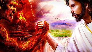 Jesus and Satan Arm Wrestling in Dramatic Religious Artwork HD wallpaper