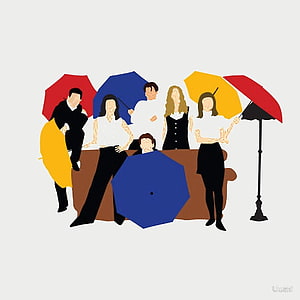 Friends TV Show Minimalist Group Illustration with Colorful Umbrellas HD phone wallpaper