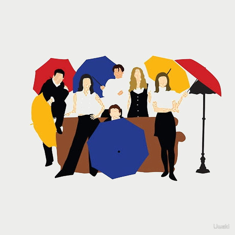 Friends TV Show Minimalist Group Illustration with Colorful Umbrellas HD phone wallpaper