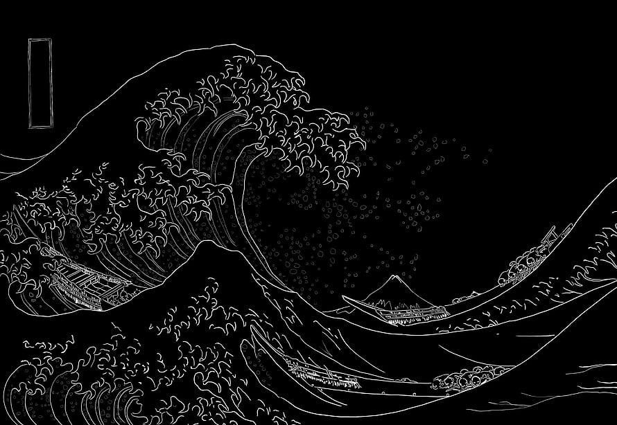 Hokusai Great Wave off Kanagawa White Line Art on Black Background HD wallpaper