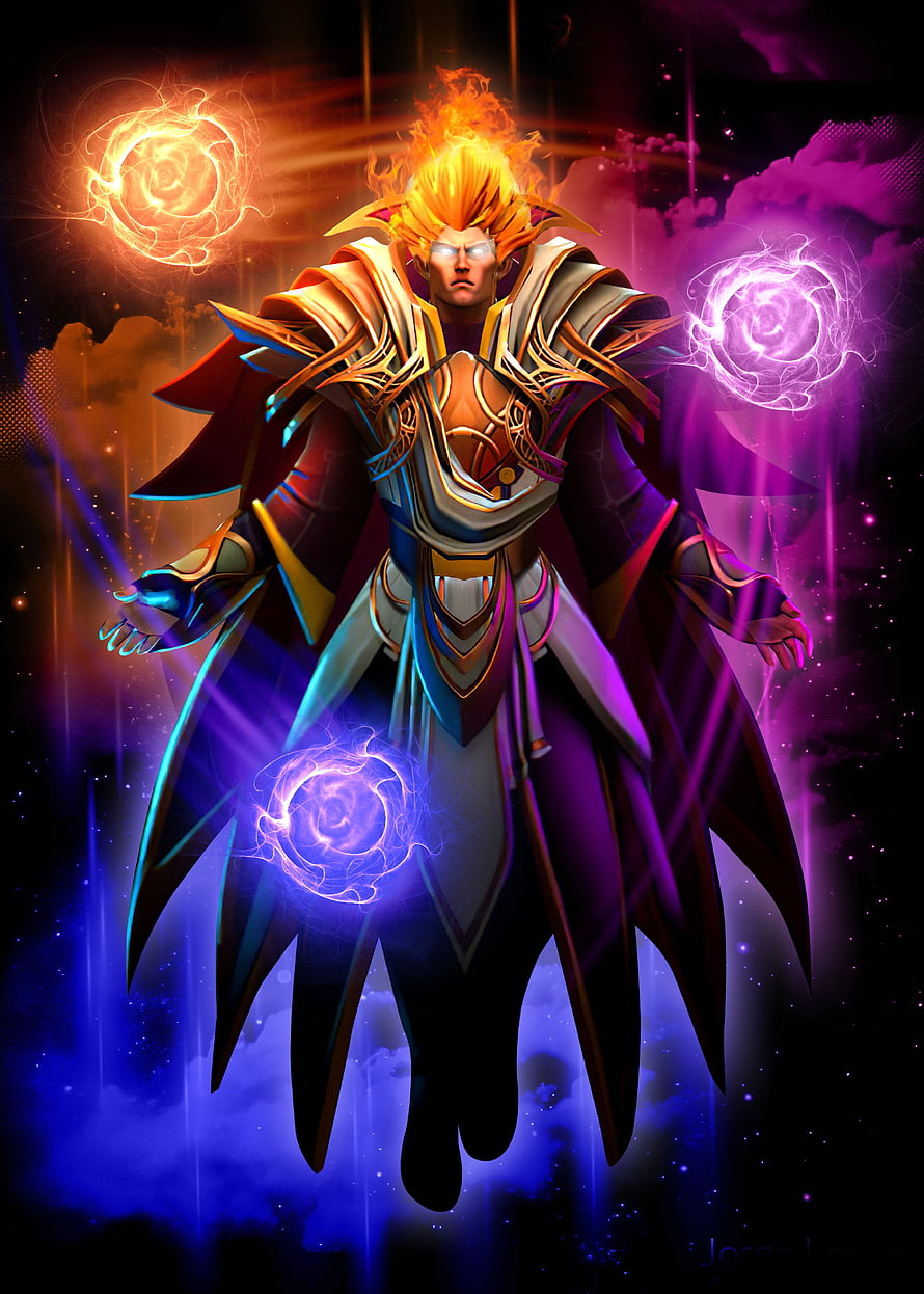 Invoker Dota 2 Fantasy Character Artwork with Elemental Magic Orbs HD phone wallpaper