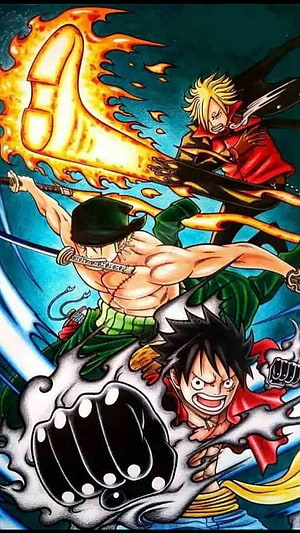 One Piece Straw Hat Pirates Luffy Zoro and Sanji Dynamic Action Illustration HD phone wallpaper