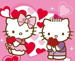 Hello Kitty and Dear Daniel Valentine's Day Couple Illustration with Hearts and Roses HD wallpaper