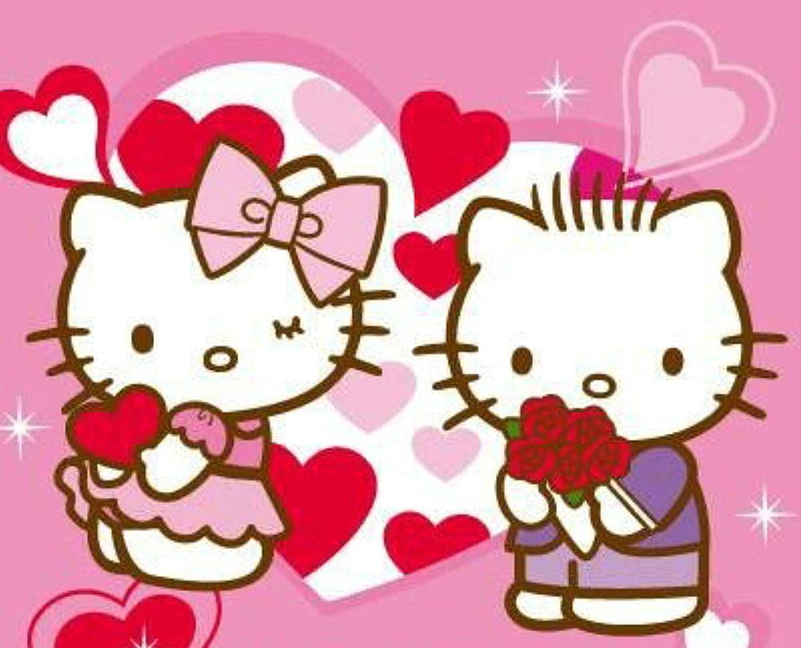 Hello Kitty and Dear Daniel Valentine's Day Couple Illustration with Hearts and Roses HD wallpaper