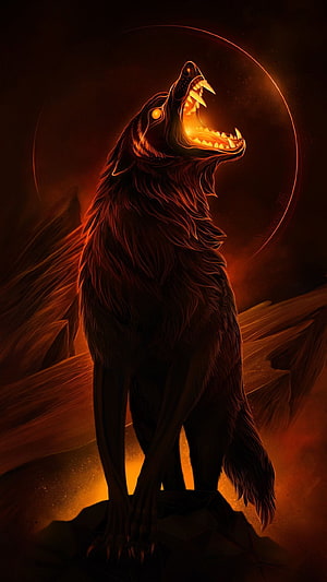 Fenrir the Norse Mythology Wolf Howling Under a Fiery Red Moon HD phone wallpaper