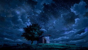 Dark Blue Night Sky with Stars, Clouds, and a Small Cabin Under a Tree HD wallpaper