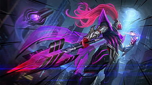 Alpha Mobile Legends Warrior Wielding Glowing Purple Energy Spear in Futuristic City HD wallpaper