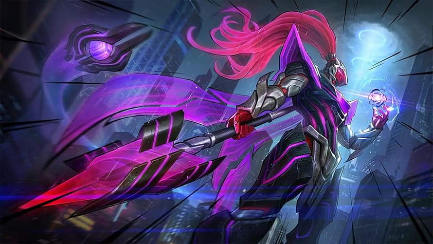 Alpha Mobile Legends Warrior Wielding Glowing Purple Energy Spear in Futuristic City HD wallpaper