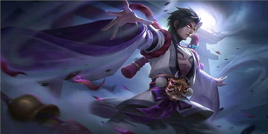 Vale Mobile Legends Character Artwork with Purple Cloak and Oni Mask HD wallpaper