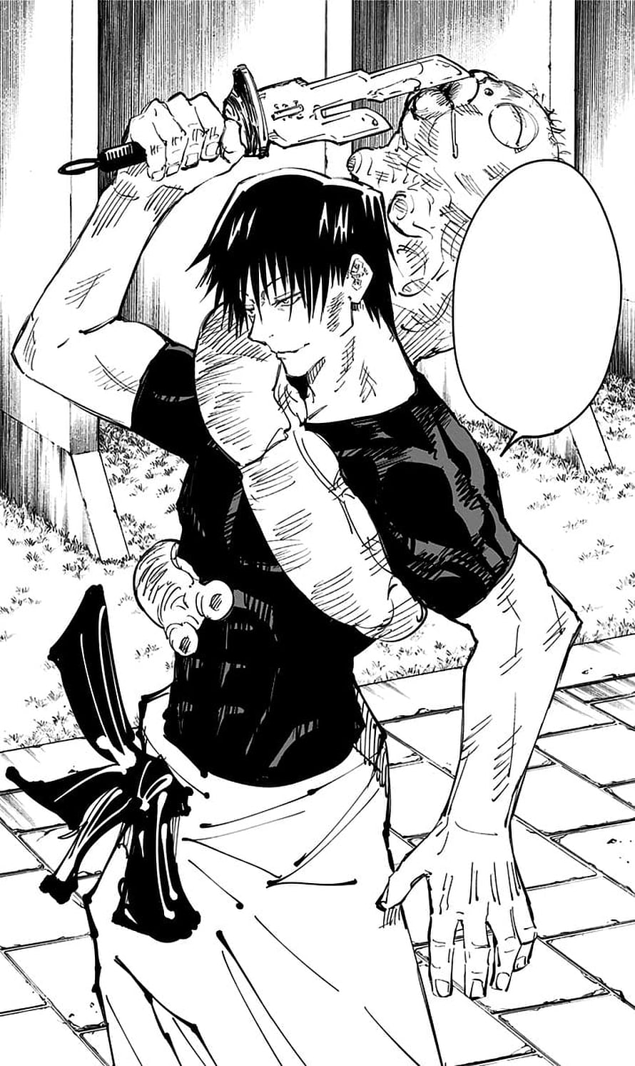 Toji Fushiguro wielding a blade in a dramatic black and white manga panel HD phone wallpaper