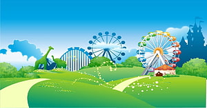 Colorful Cartoon Amusement Park Landscape With Ferris Wheel And Roller Coaster HD wallpaper