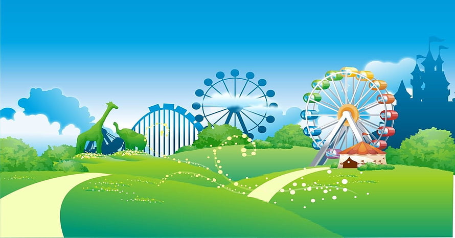 Colorful Cartoon Amusement Park Landscape With Ferris Wheel And Roller Coaster HD wallpaper