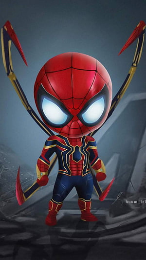 Chibi Spider-Man in Iron Spider Armor with Mechanical Web-Shooters HD phone wallpaper