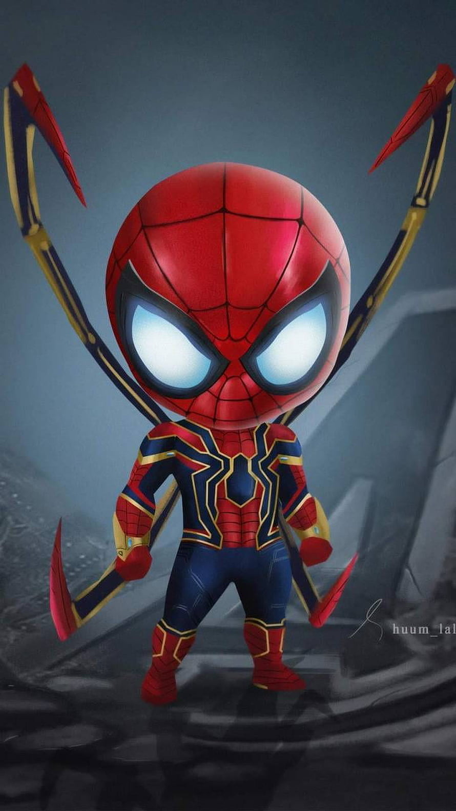 Chibi Spider-Man in Iron Spider Armor with Mechanical Web-Shooters HD phone wallpaper