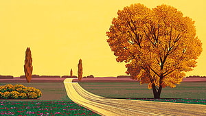 Hiroshi Nagai Autumn Landscape Illustration with Golden Tree and Winding Country Road HD wallpaper