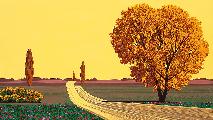 Hiroshi Nagai Autumn Landscape Illustration with Golden Tree and Winding Country Road HD wallpaper